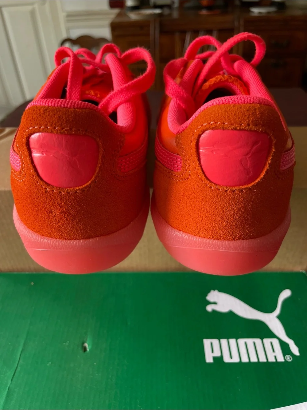 Puma Orange and Pink Low-Top Suede & Leather Sneakers with neon pink laces